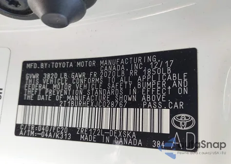 2018 Toyota Corolla Se z USA, uszkodzony, nr VIN 2T1BURHEXJC028767